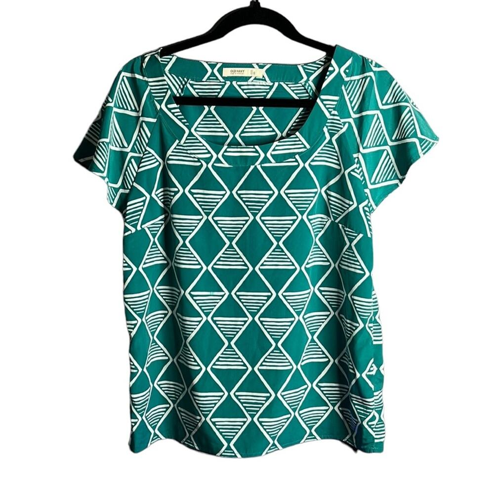 Old Navy Green White Geometric Print Short Sleeve Blouse Small